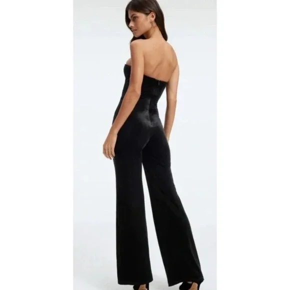 Good American Jumpsuit Size 1 Small Black Strapless Velvet V Neck - Picture 3 of 14